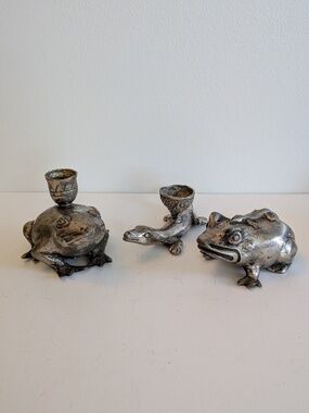 Set of 3 metal silver tone cute Frog Lizard candle holders figurines